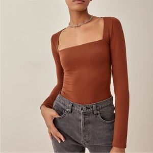 Reformation Brown Long Sleeve Ribbed Top, Small